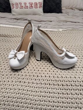 SHEIN White Lace Bow Platform Block Heels with Pearl Accent